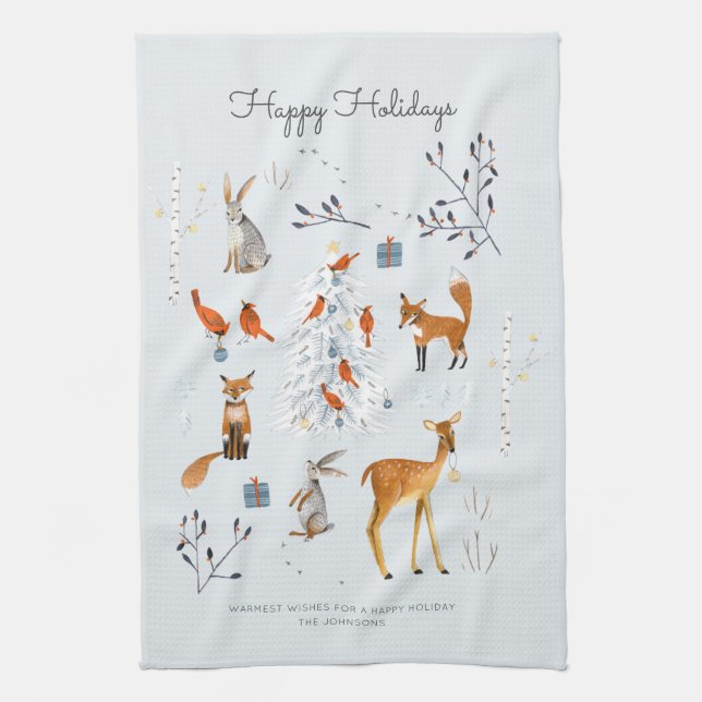 Cute Woodland Blue animals fox & deer Kitchen Towel (Vertical)