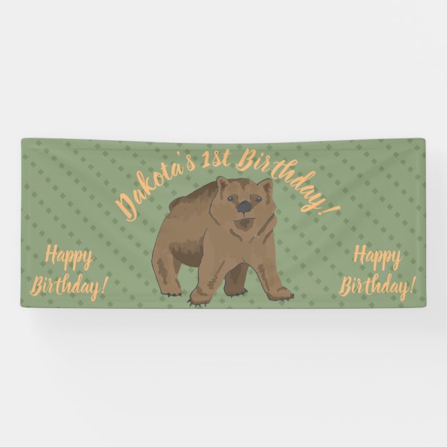 Cute Woodland Brown Bear Cub Birthday Banner (Horizontal)