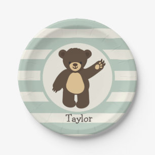 Cute Woodland Brown Bear; Sage Green Stripes Paper Plate