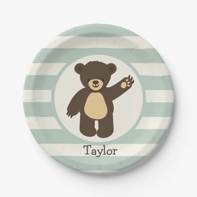 Cute Woodland Brown Bear; Sage Green Stripes Paper Plate (Front)