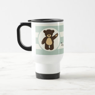 Cute Woodland Brown Bear; Sage Green Stripes Travel Mug