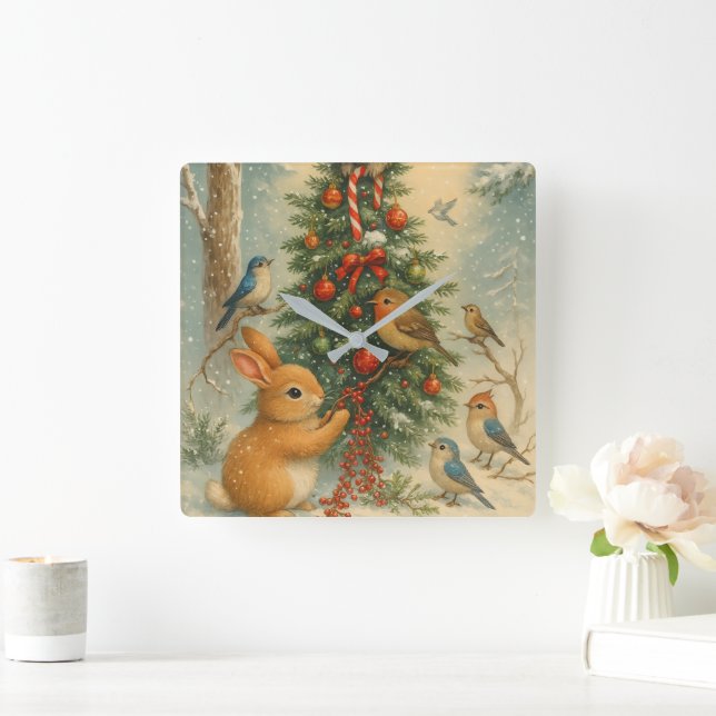 Cute woodland bunny Christmas cozy festive winter  Square Wall Clock (Home)