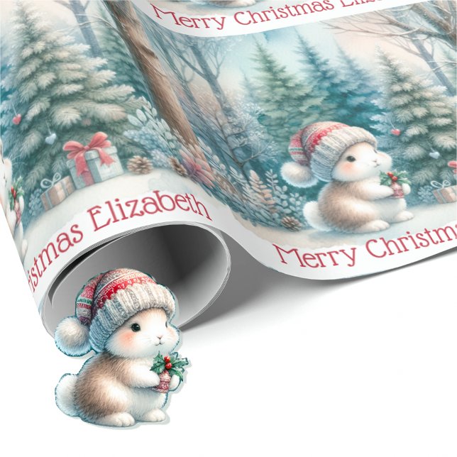 Cute Woodland Bunny Christmas Personalize Name  Wrapping Paper (Creator Uploaded)
