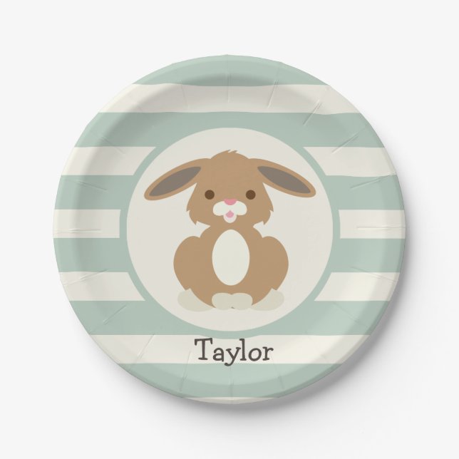 Cute Woodland Bunny Rabbit on Light Sage Green Paper Plate (Front)