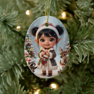 Cute Woodland Chibi Girl's Personalized Christmas Ceramic Ornament