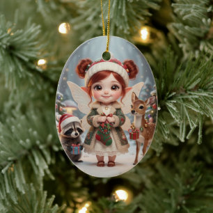 Cute Woodland Chibi Girl's Personalized Christmas Ceramic Ornament