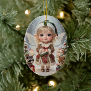 Cute Woodland Chibi Girl's Personalized Christmas Ceramic Ornament