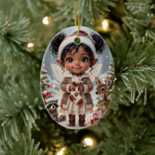 Cute Woodland Chibi Girl's Personalized Christmas Ceramic Ornament