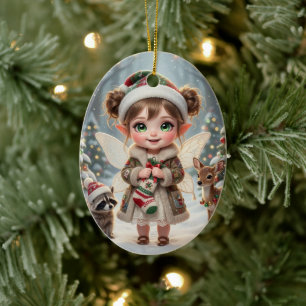 Cute Woodland Chibi Girl's Personalized Christmas Ceramic Ornament