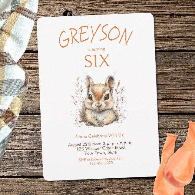 Cute Woodland Chipmunk Orange Any Age Boy Birthday Invitation (Creator Uploaded)
