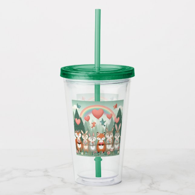 Cute Woodland Creature rainbow valentine's Acrylic Tumbler (Front)