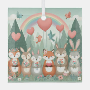 Cute Woodland Creature rainbow valentine's Glass Ornament