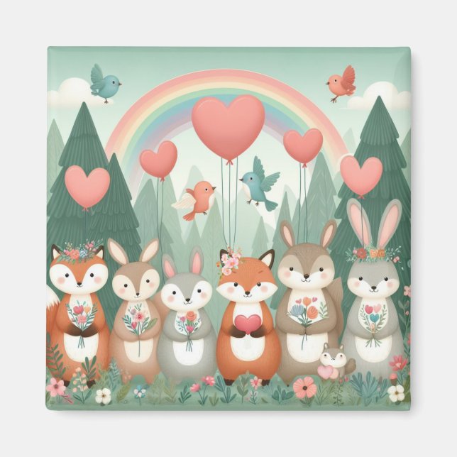 Cute Woodland Creature rainbow valentine's Magnet (Front)