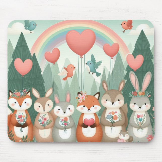 Cute Woodland Creature rainbow valentine's Mouse Pad (Front)
