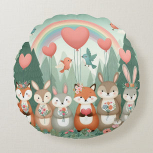 Cute Woodland Creature rainbow valentine's Round Pillow