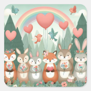 Cute Woodland Creature rainbow valentine's Square Sticker