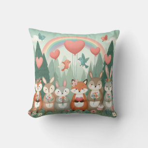 Cute Woodland Creature rainbow valentine's Throw Pillow