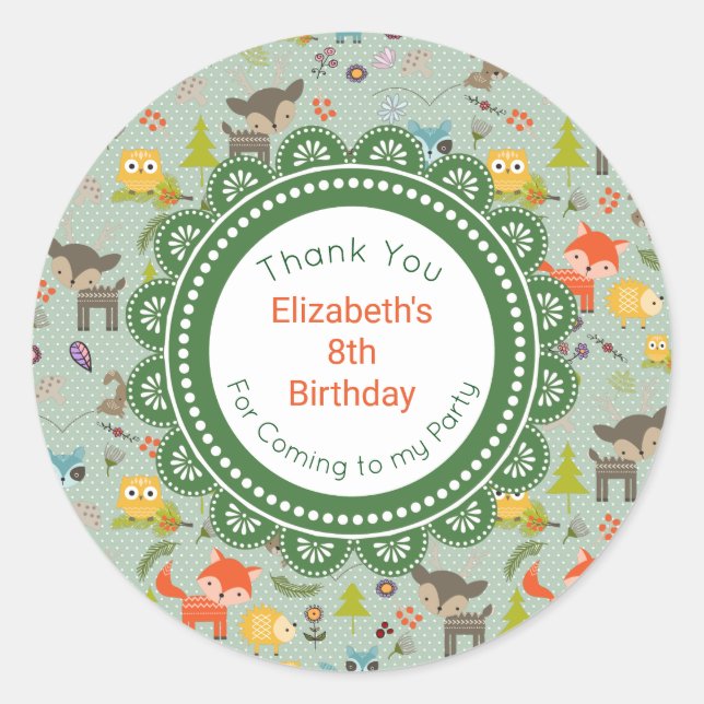 Cute Woodland Creatures Animal Pattern Birthday Classic Round Sticker (Front)