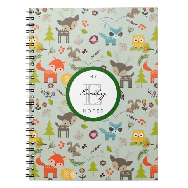 Cute Woodland Creatures Animal Pattern & Monogram Notebook (Front)