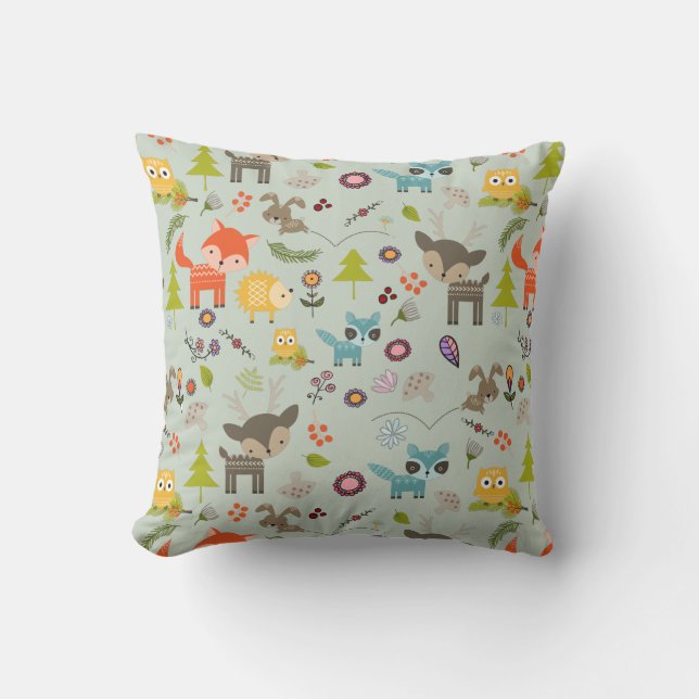 Cute Woodland Creatures Animal Pattern Throw Pillow (Front)