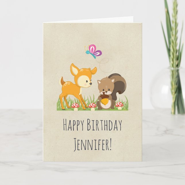 Cute Woodland Creatures Cartoon Birthday Card (Front)