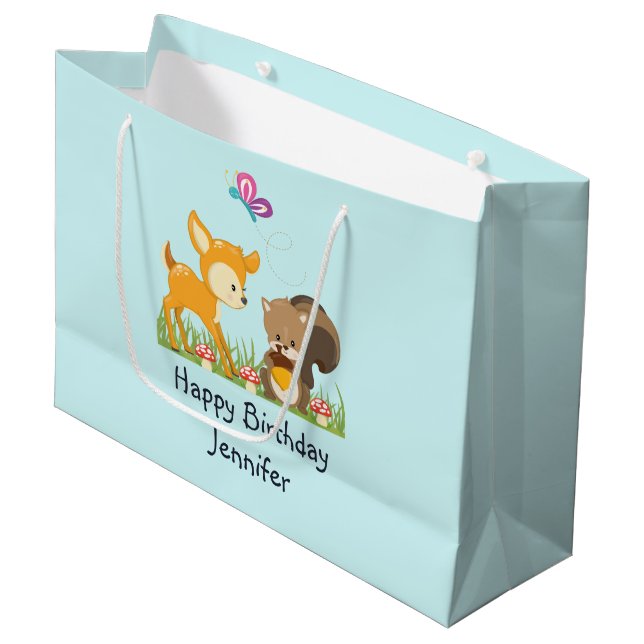 Cute Woodland Creatures Cartoon Birthday Large Gift Bag (Front Angled)