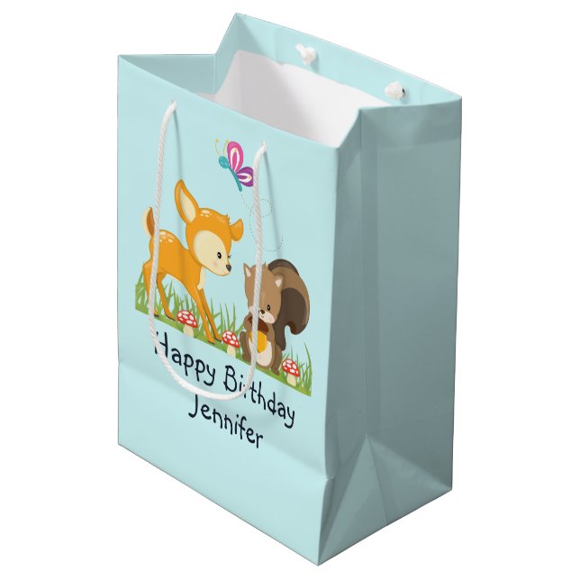 Cute Woodland Creatures Cartoon Birthday Medium Gift Bag (Front Angled)