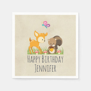 Cute Woodland Creatures Cartoon Birthday Napkin