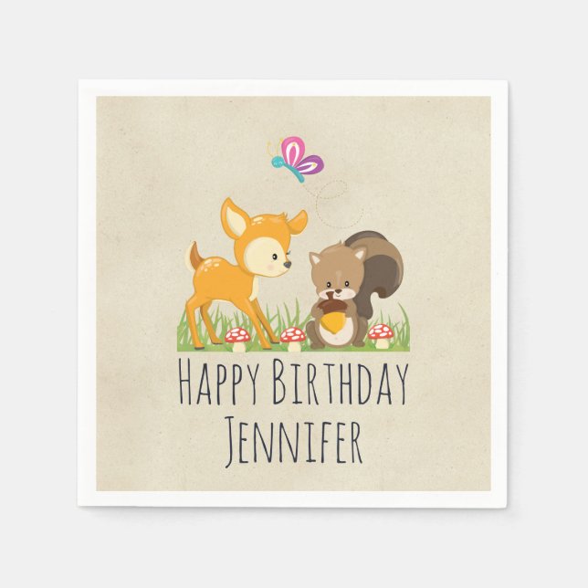 Cute Woodland Creatures Cartoon Birthday Napkin (Front)