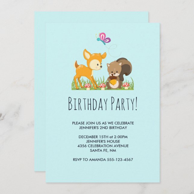 Cute Woodland Creatures Cartoon Drawing Birthday Invitation (Front/Back)