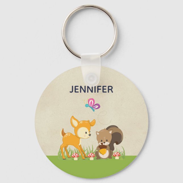 Cute Woodland Creatures Cartoon Illustration Keychain (Front)