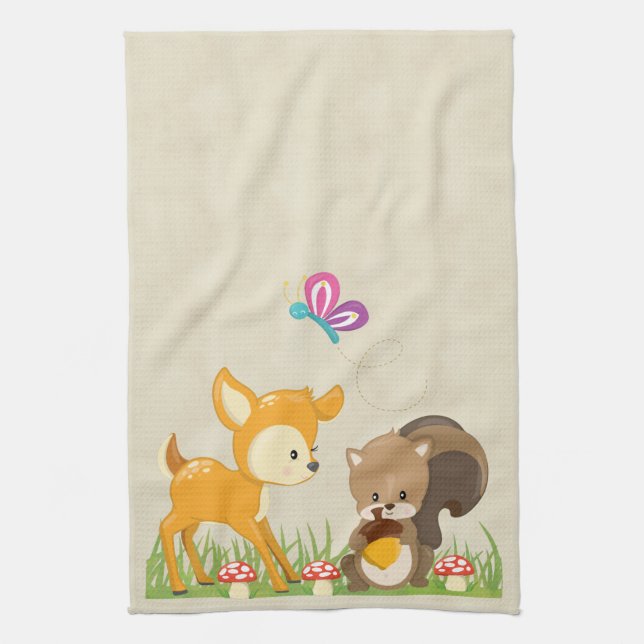 Cute Woodland Creatures Cartoon Illustration Kitchen Towel (Vertical)