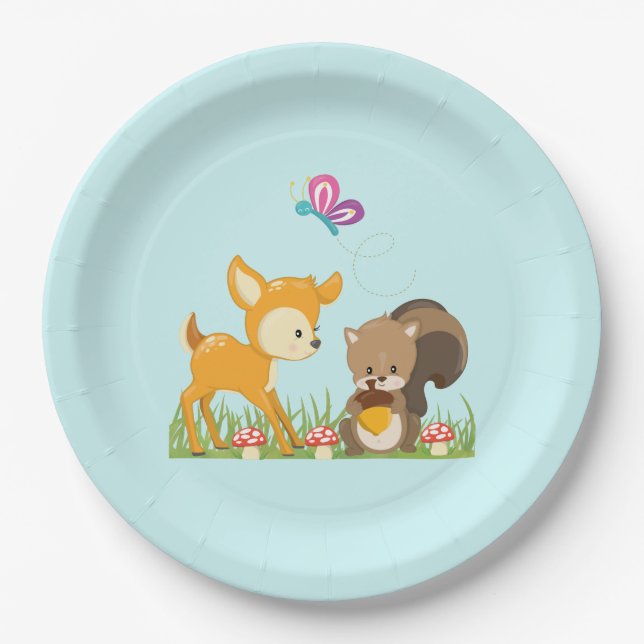 Cute Woodland Creatures Cartoon Illustration Paper Plate (Front)