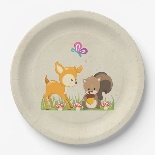 Cute Woodland Creatures Cartoon Illustration Paper Plate (Front)