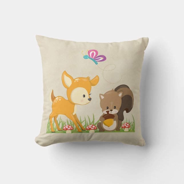 Cute Woodland Creatures Cartoon Illustration Throw Pillow (Front)