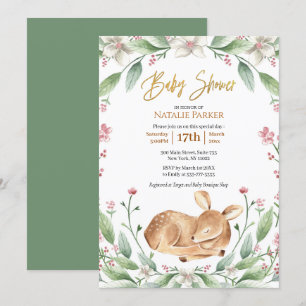 Cute Woodland Deer Floral Greenery Baby Shower Invitation
