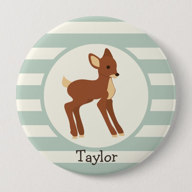 Cute Woodland Deer; Sage Green Stripes 4 Inch Round Button (Front)