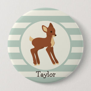 Cute Woodland Deer; Sage Green Stripes 4 Inch Round Button
