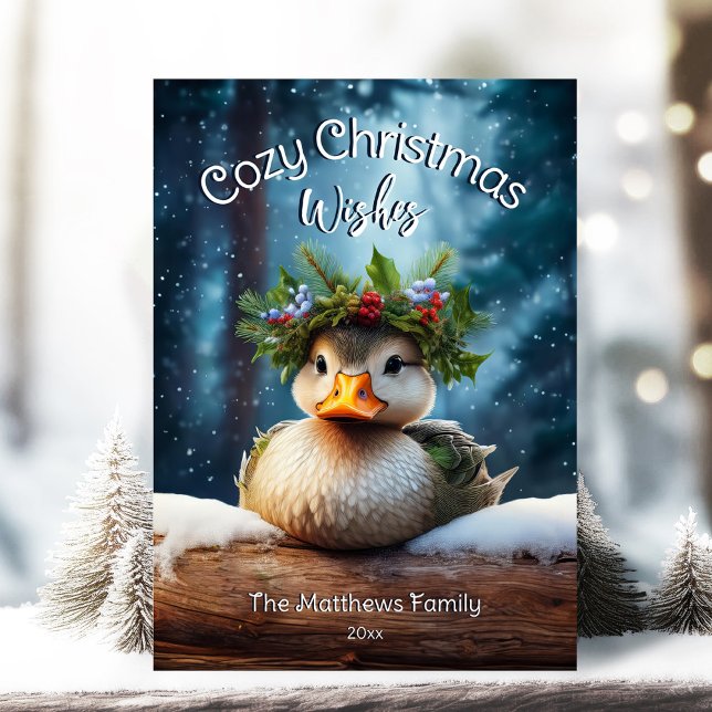 Cute Woodland Duck Winter Forest Cozy Christmas Holiday Card (Adorable Winter Snowy Scene With Peeking Dogs or Farm/Woodland Animals - Over 50 to Choose From!)