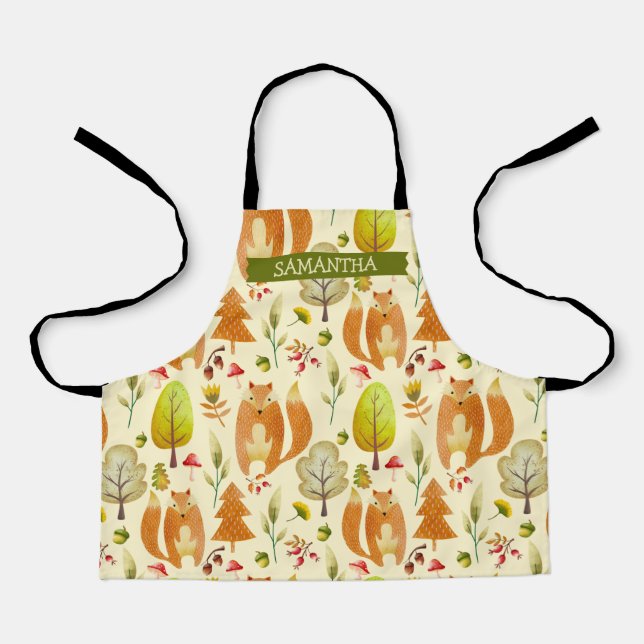 Cute Woodland Fall Fox Pattern Trees Whimsical Apron (Front)