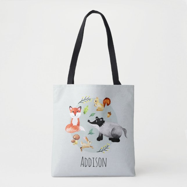 Cute Woodland Forest Animals Fox and Name Kids Tote Bag (Front)