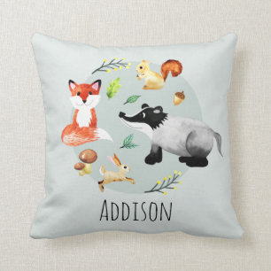 Cute Woodland Forest Animals Fox Name Kids Throw Pillow