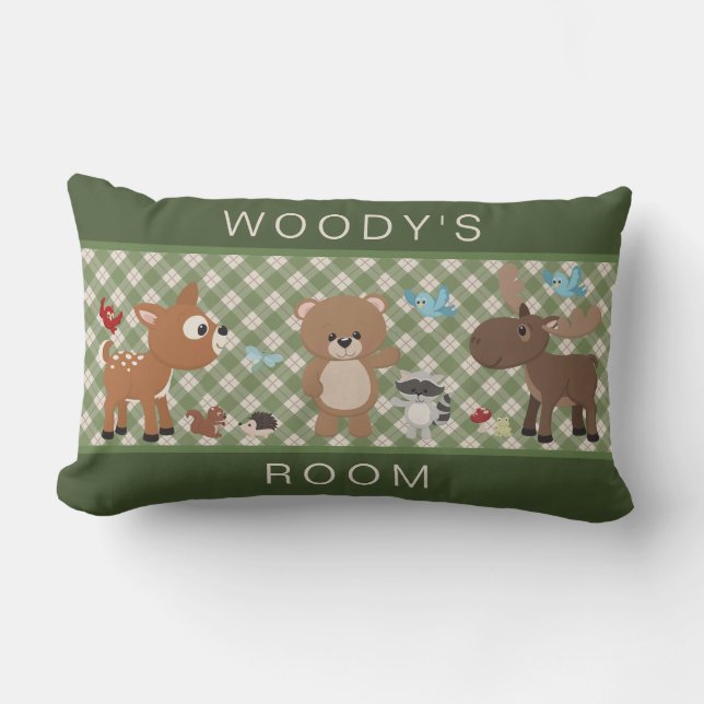 Cute Woodland Forest Animals Green Plaid Name Lumbar Pillow (Front)