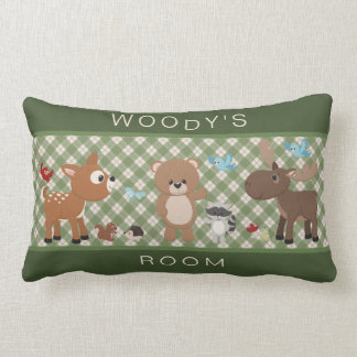 Cute Woodland Forest Animals Green Plaid Name Lumbar Pillow