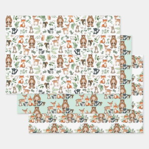 Cute Woodland Forest Animals Greenery Leaves Wrapping Paper Sheet