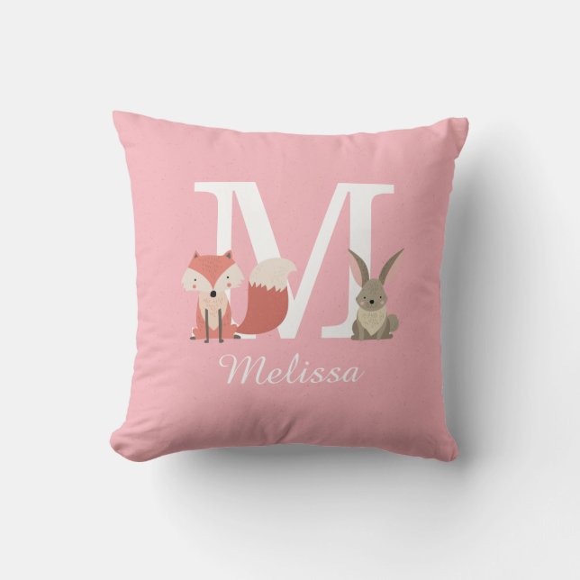 Cute Woodland Forest Animals Monogram Initial Throw Pillow (Front)