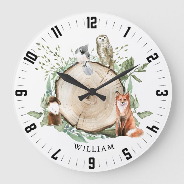 Cute Woodland Forest Animals Personalized Boy Name Large Clock (Front)
