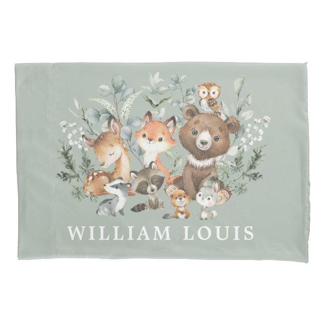 Cute Woodland Forest Animals Sage Greenery Baby Pillowcase (Front)