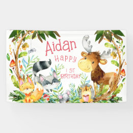 Cute Woodland Forest Animals Watercolor Birthday Banner