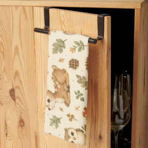 Cute Woodland Forest Animals Watercolor Pattern  Kitchen Towel